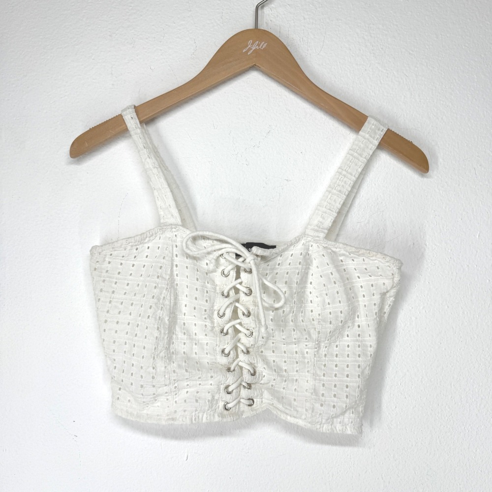 White Eyelet Lace Up Crop Top Medium Cotton Corset Ren Fair Boho Coquette Tank